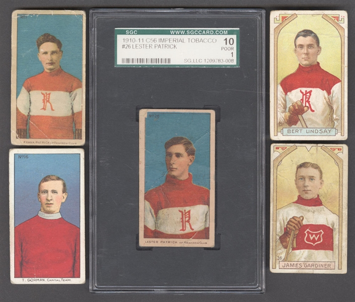 1910-11 Imperial Tobacco C56 Hockey Card #26 HOFer Lester Patrick Rookie (SGC-Graded) and #1 HOFer Frank Patrick Rookie, Plus 1911-12 C55 Cards (3), 1912-13 C57 (1) and Early-1910s Lacrosse Cards (4)