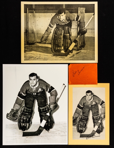 Deceased HOFer Bill Durnan Signed Early-1950s Russell Lions Club Hockey Night Ticket Plus Bee Hive and Quaker Oats Photos