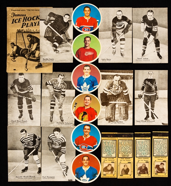 1936 Champion and Triumph Hockey Postcards (9), 1936-39 Diamond Match Tan Hockey Matchbook Covers (22), 1962-63 El Producto Set of 6 Hockey Coasters and Bee Hive Photos (40+)