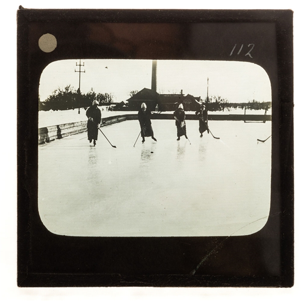 Early-1900s Female Hockey Players Glass Plate Negative Plus 1900s Three-Player Cabinet Photo 