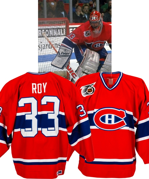 Patrick Roys 1991-92 Montreal Canadiens Game-Worn Jersey - 75th Patch! - Team Repairs! - Vezina and William M. Jennings Trophies Season!