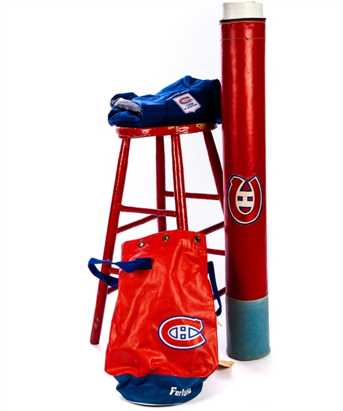 Montreal Forum Locker Room Stool, Montreal Forum Supervisor Blazer, Montreal Canadiens Play Board Carrier (with Board) and Puck Bag