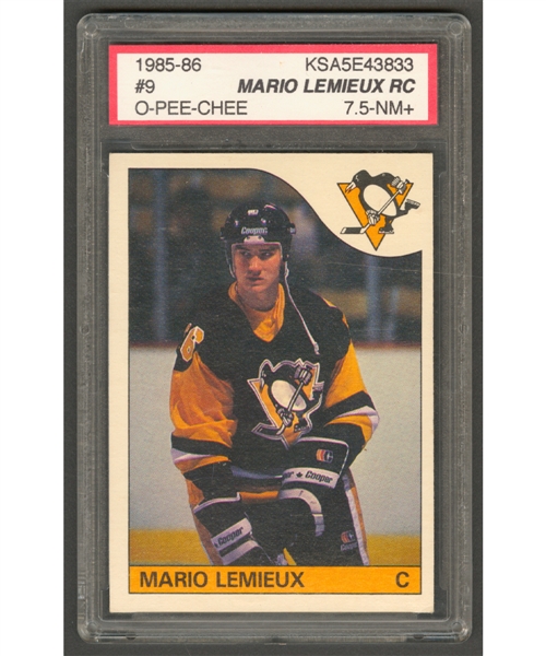 1985-86 O-Pee-Chee Hockey Card #9 HOFer Mario Lemieux Rookie - Graded KSA 7.5