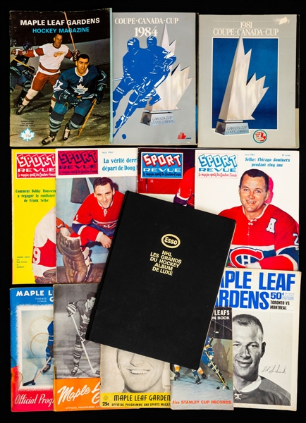 Vintage Hockey Memorabilia Collection Including 1940s/1960s Magazines/Programs, 1963-65 Chex Photos, 1970-71 Esso Power Players Stamp Set in Album and Assorted Items