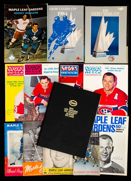 Vintage Hockey Memorabilia Collection Including 1940s/1960s Magazines/Programs, 1963-65 Chex Photos, 1970-71 Esso Power Players Stamp Set in Album and Assorted Items