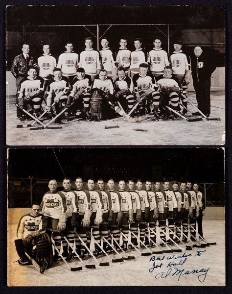 New York Americans 1933-34 and 1938-39 Real Photo Postcards with HOFers Simpson, Worters, Dutton, Schriner, Stewart and Smith