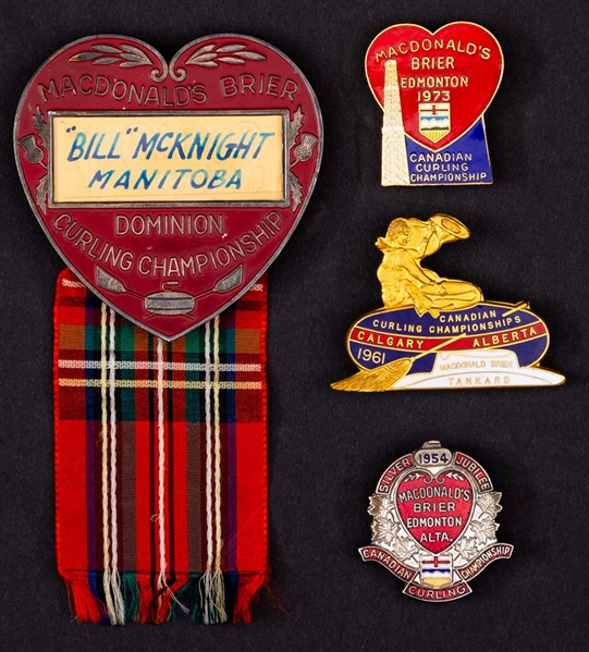 Bill McKnight 1938 MacDonalds Brier Participant Badge Plus MacDonalds Brier 1954, 1961 and 1973 Canadian Curling Championships Pins