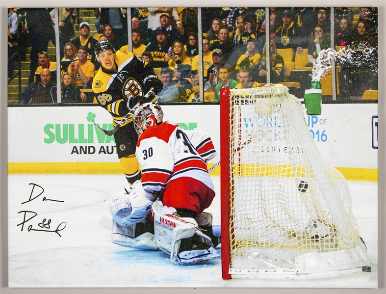 David Pastrnak Boston Bruins Signed Goal Canvas (30” x 39 ½”) Plus Signed 16” x 20” Photo with COAs 