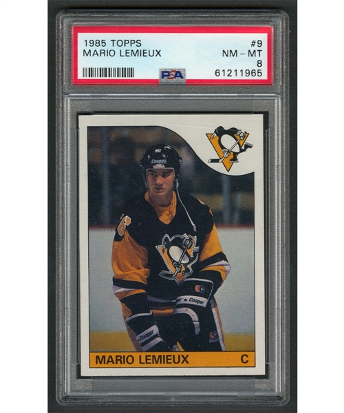 1985-86 Topps Hockey Card #9 HOFer Mario Lemieux Rookie - Graded PSA 8