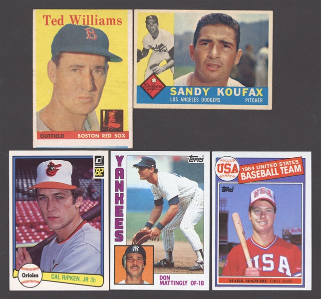 Vintage and Modern Baseball Card Collection Including 1958 Topps #1 Williams, 1960 Topps #343 Koufax, 1982 Donruss #405 Ripken Jr Rookie and 1985 Topps McGwire, Puckett and Clemens Rookies