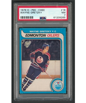 1979-80 O-Pee-Chee Hockey Card #18 HOFer Wayne Gretzky Rookie - Graded PSA 7