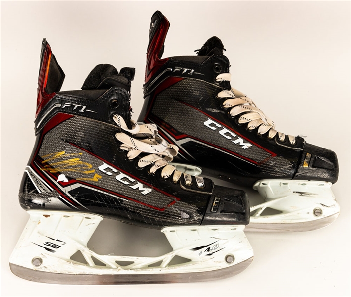 Nico Hischiers 2017-18 New Jersey Devils Signed CCM JetSpeed Game-Used Rookie Season Pre-Season Skates - Photo-Matched!