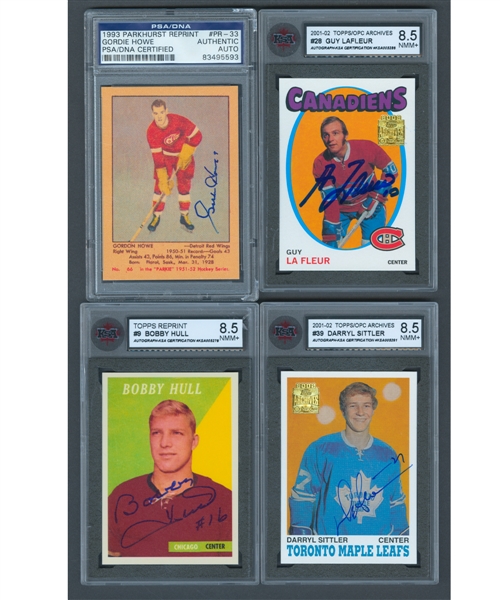 1990s and 2000s Parkhurst, O-Pee-Chee/Topps and Score PSA/KSA Graded/Authenticated Signed Rookie and Rookie Reprint Hockey Cards (9) Including Howe, B. Hull, Sittler, Lafleur, Clarke and Others