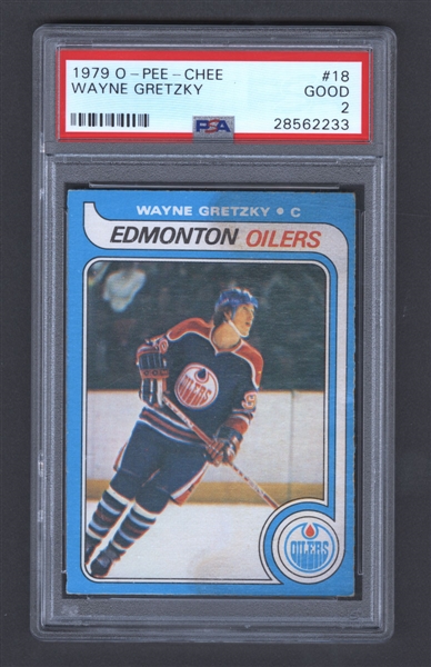 1979-80 O-Pee-Chee Hockey Card #18 HOFer Wayne Gretzky Rookie - Graded PSA 2