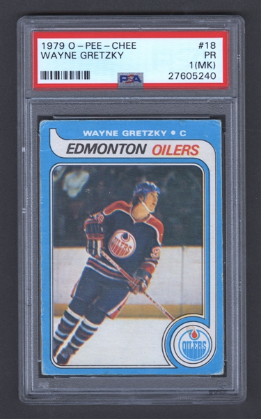 1979-80 O-Pee-Chee Hockey Card #18 HOFer Wayne Gretzky Rookie - Graded PSA 1 (MK)