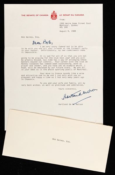 Deceased HOFer Senator Hartland Molson Signed Congratulatory Letter Sent to Bob Gainey in 1989