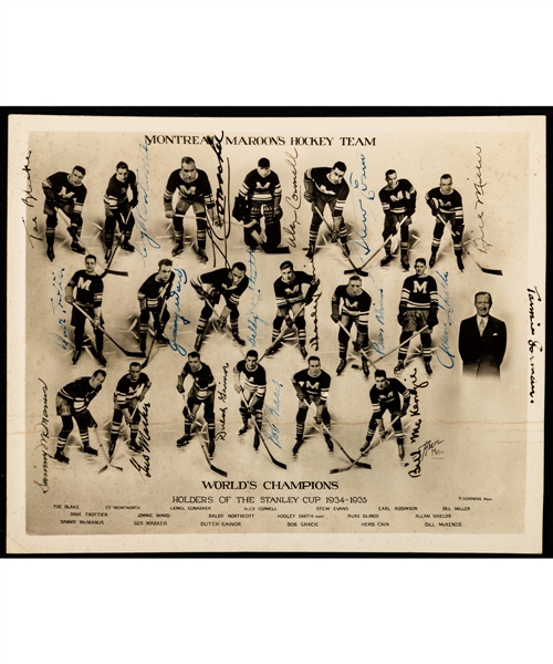 Montreal Maroons 1934-35 Stanley Cup Champions Team-Signed Team Photo by 18 with JSA LOA Including Deceased HOFers Connell, Blake, Conacher, Smith and Gorman