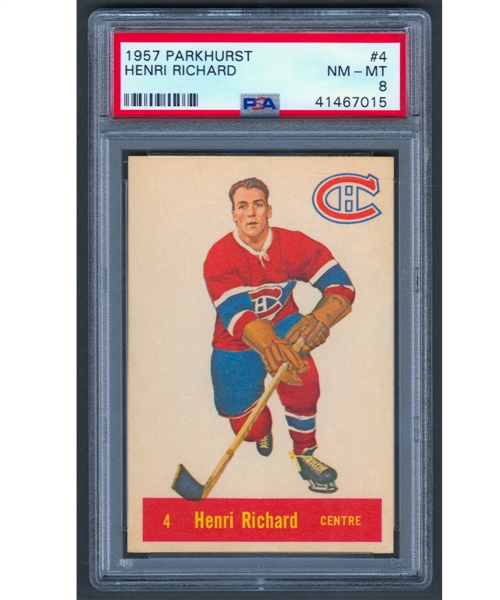 1957-58 Parkhurst Hockey Card #4 HOFer Henri Richard Rookie - Graded PSA 8