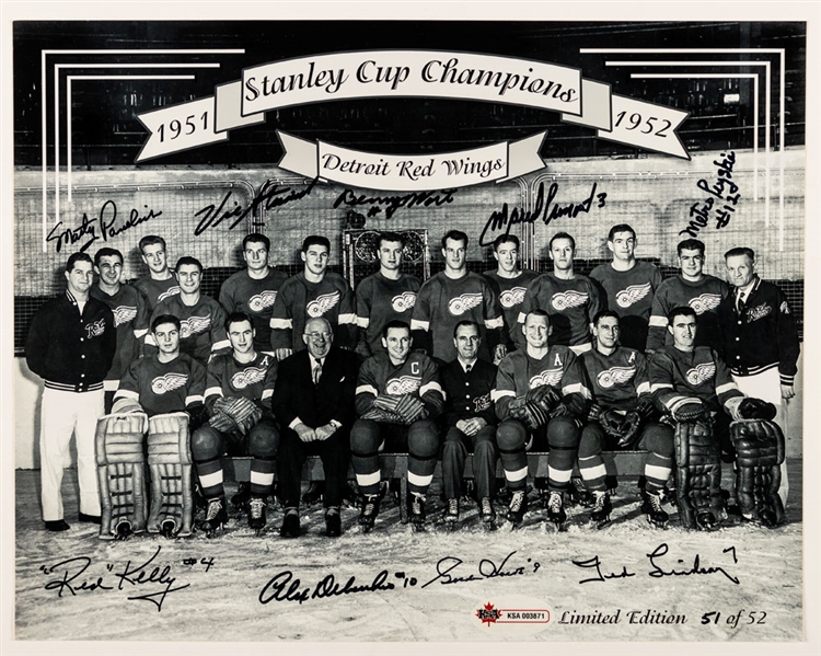 Detroit Red Wings 1951-52 Limited-Edition Team-Signed Photo by 9 with LOA #51/52 Including Howe, Lindsay, Delvecchio and Kelly