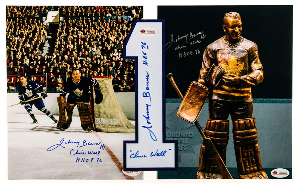 Deceased HOFer Johnny Bower Signed Jersey Number and Photos (2) with Annotations Plus Kid Line II (Kennedy, Lynn, Meeker) Multi-Signed Limited-Edition Photo #36/50 - All with COAs
