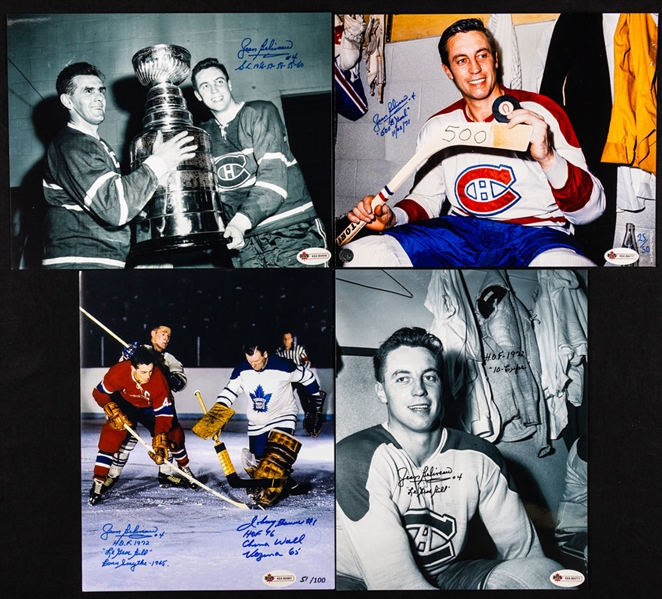 Deceased HOFer Jean Beliveau Signed Photos (3) with Annotations Plus Beliveau/Bower Dual-Signed Limited-Edition Photo with Annotations #51/100 - All with COAs