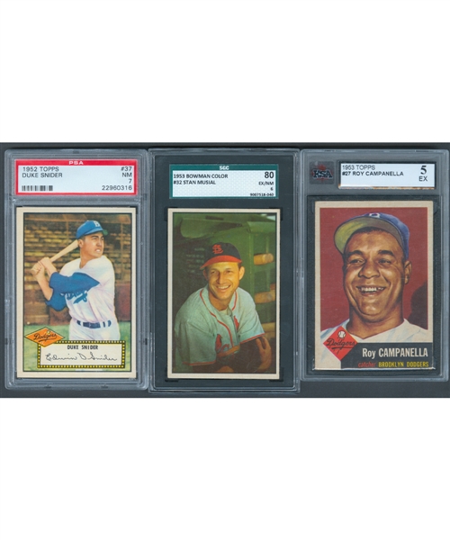 1952 and 1953 Topps and Bowman Graded Baseball Card Collection (7) Including 1952 Topps #37 HOFer Duke Snider (PSA 7) and 1953 Bowman Color #32 HOFer Stan Musial (SGC 6)