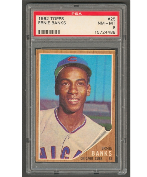 1962 Topps Baseball Card #25 HOFer Ernie Banks - Graded PSA 8