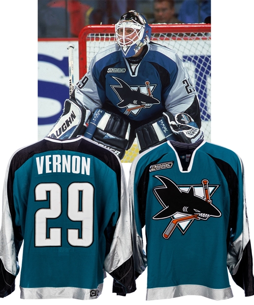 Mike Vernons 1999-2000 San Jose Sharks Game-Worn Jersey - 2000 Patch! - Nice Game Wear!
