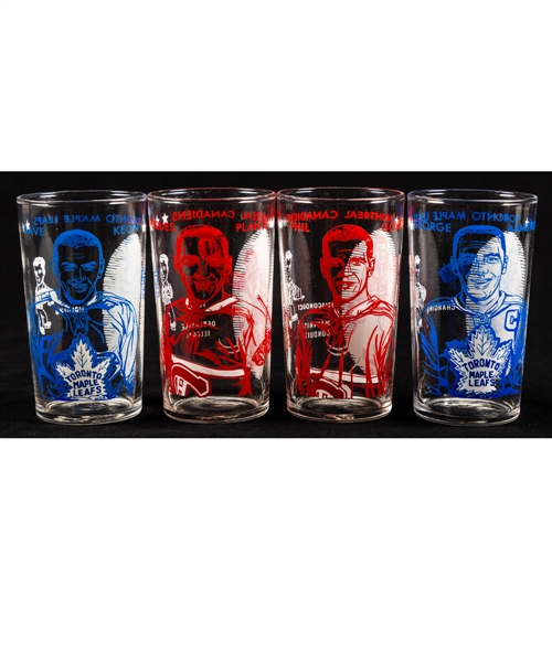 1960-61 Montreal Canadiens and Toronto Maple Leafs York Peanut Butter Glass Collection of 4  including Extremely Rare Phil Goyette, Plus Plante, Keon and Armstrong 