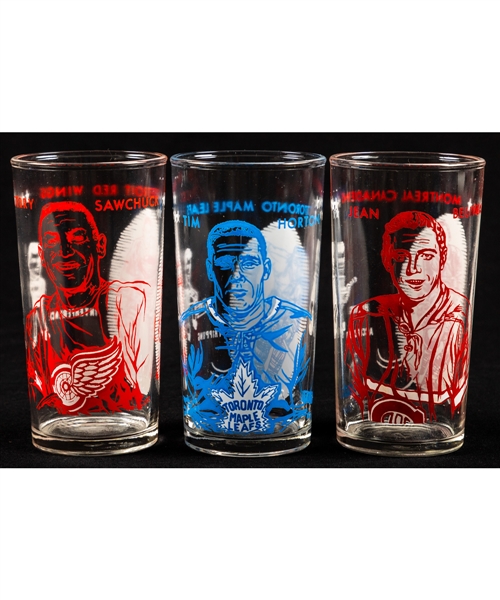 1961-62 Montreal Canadiens, Detroit Red Wings and Toronto Maple Leafs York Peanut Butter Glass Collection of 3 - Horton, Sawchuk and Beliveau