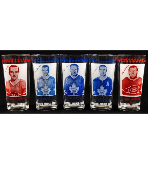 1967-68 Montreal Canadiens and Toronto Maple Leafs York Peanut Butter Glass Collection of 5 - Bower, Horton, Keon, Worsley and Tremblay