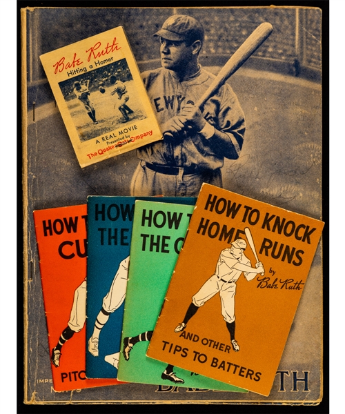Vintage Baseball / Babe Ruth Memorabilia Collection Including 1935 Quaker Oats Booklets (4) and Scarce 1934 Quaker Oats Babe Ruth Moviescope "Hitting a Homer" & "Fielding" Dual-Sided Flip Book