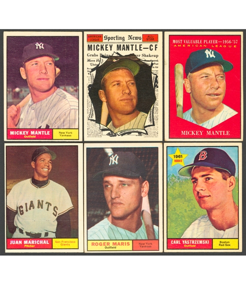 1961 Topps Baseball Complete 587-Card Set Plus 1961 Topps Stamps (39 w/ Mantle, Aaron, Mays), 1961 Topps Stamp Album (w/ 19 Affixed Stamps) and 1961 Topps Ruboffs (10)