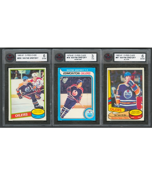 1979-80 to 1988-89 Wayne Gretzky KSA-Graded O-Pee-Chee Hockey Cards (10) Including 1979-80 Rookie Card Graded KSA 3
