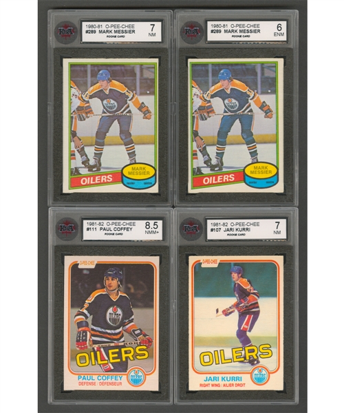 1980-81 and 1981-82 O-Pee-Chee Hockey Edmonton Oilers KSA-Graded Rookie Cards (4) of Mark Messier, Jari Kurri and Paul Coffey