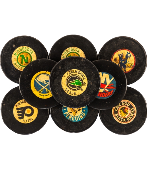 Guy Lapointes 1960s/1970s NHL Game Puck Collection of 9 Including 1967-68 Seals Puck
