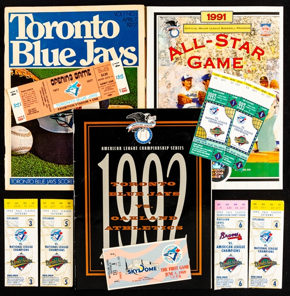 Toronto Blue Jays Collection with Programs and Tickets (45+ Pieces) Including 1977 First Game Ticket & Program, 1989 First Game at SkyDome Ticket Stub and 1992 & 1993 World Series Ticket Stubs (15)