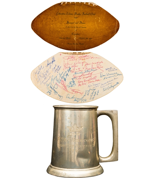 Don Durnos 1942 Toronto RCAF Hurricanes Grey Cup Champions Dow Mug and 1950 Edmonton Eskimos Team-Signed Banquet Menu