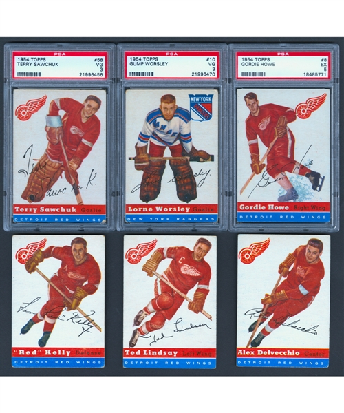 1954-55 Topps Hockey Near Complete Card Set (59/60) Including PSA-Graded Cards #8 HOFer Gordie Howe (EX 5), #10 HOFer Gump Worsley (VG 3) and #58 HOFer Terry Sawchuk (VG 3)