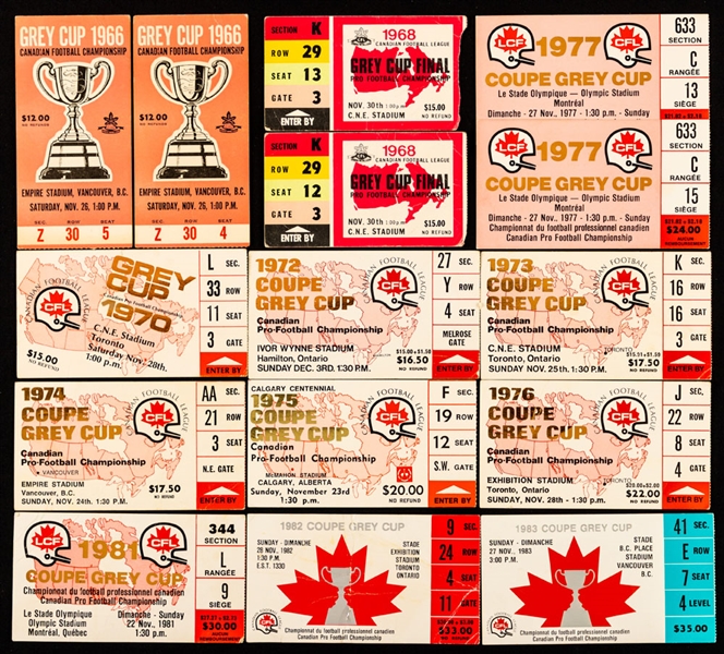 1966 to 2002 CFL Grey Cup Ticket Collection (24) Plus 1995 Toronto Raptors First Home Game Tickets (2) and Toronto Maple Leafs Tickets (15+)
