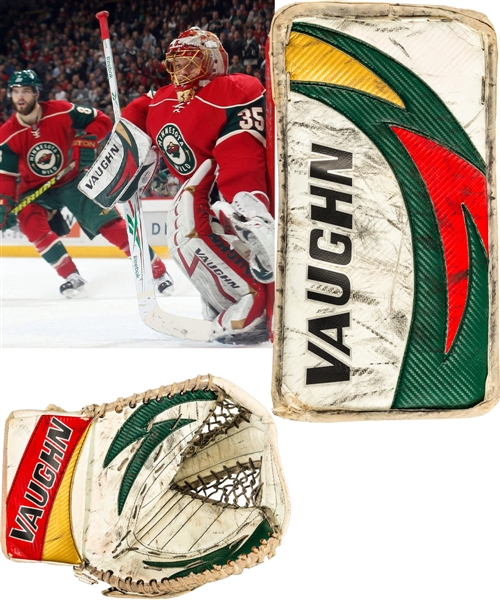 Anton Khudobins 2009-10 Minnesota Wild Vaughn Game-Worn Rookie Season Blocker and Glove – Blocker Photo-Matched to First NHL Game and Win! 