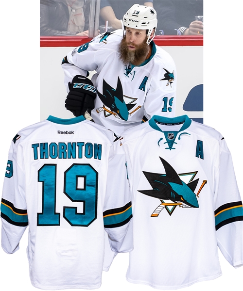 Joe Thorntons 2016-17 San Jose Sharks Game-Worn Alternate Captains Jersey - NHL Centennial Patch!