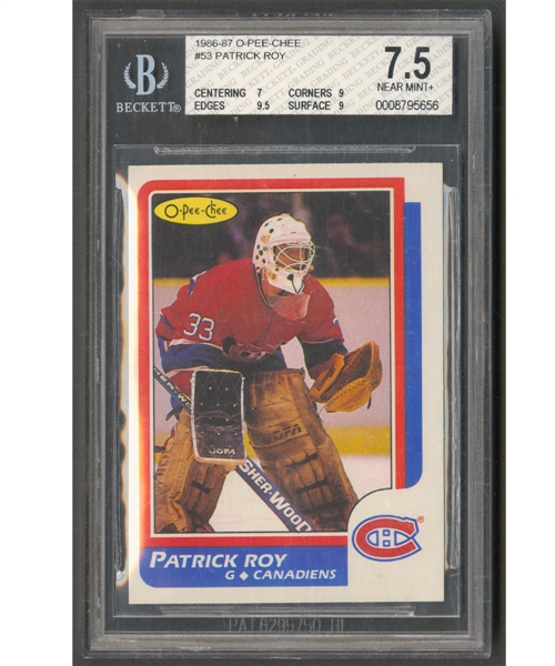 1986-87 O-Pee-Chee Hockey Card #53 HOFer Patrick Roy Rookie - Beckett-Graded 7.5