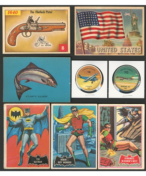 1950s/1960s Non-Sport Sets (6) Including 1953 Parkhurst Guns and Pistols, 1956 Topps Flags of the World, 1959 Parkhurst Fish, 1961 Jell-O Airplane Coins and 1966 Batman (2)