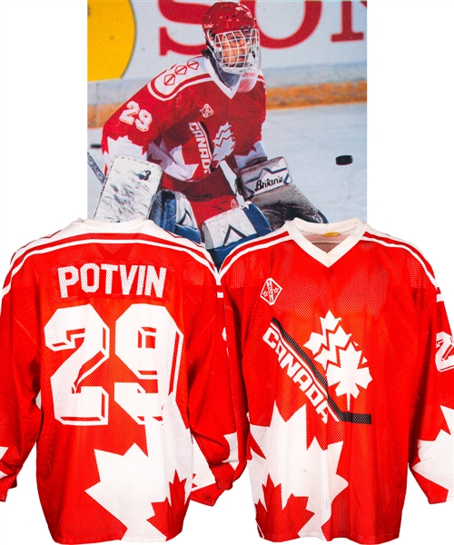 Felix Potvins 1991 IIHF World Junior Championships Team Canada Game-Worn Jersey from His Personal Collection with His Signed LOA - Gold Medal Champions!
