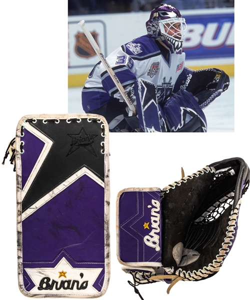 Felix Potvins 2001-02 Los Angeles Kings Brians Game-Worn Glove and Blocker from His Personal Collection with His Signed LOA - Both Photo-Matched!