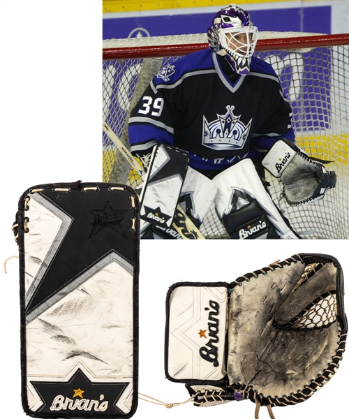 Felix Potvins 2002-03 Los Angeles Kings Brians Game-Worn Glove and Blocker from His Personal Collection with His Signed LOA - Both Photo-Matched!