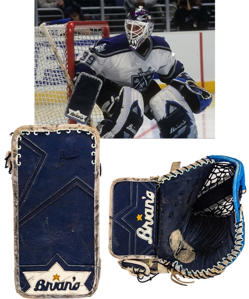 Felix Potvins 2000-01 Los Angeles Kings Brians Game-Worn Playoffs Glove and Blocker from His Personal Collection with His Signed LOA - Both Photo-Matched!