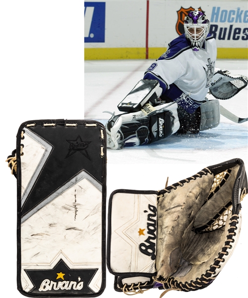 Felix Potvins 2002-03 Los Angeles Kings Brians Game-Worn Glove and Blocker from His Personal Collection with His Signed LOA - Both Photo-Matched!