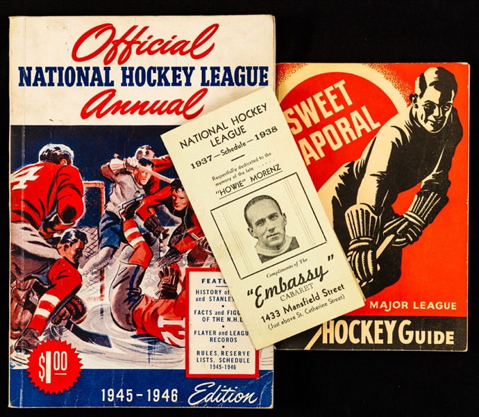 NHL 1937-38 "Embassy Cabaret" Hockey Schedule with Howie Morenz Cover Plus 1940-41 Sweet Caporal Hockey Guide and 1945-46 Official NHL Annual